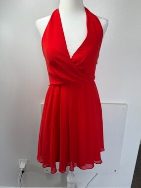 Archival Bebe Y2K Red Halter Mini Dress Pleated Chiffon Skater Skirt
